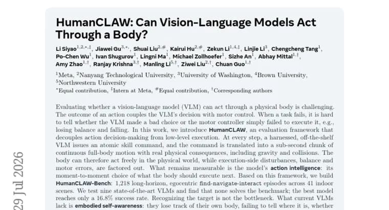 HumanCLAW benchmark finds vision-language models fail at embodied tasks