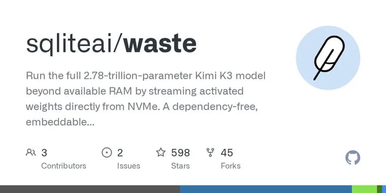 WASTE engine streams full 2.78T-parameter Kimi K3 from disk