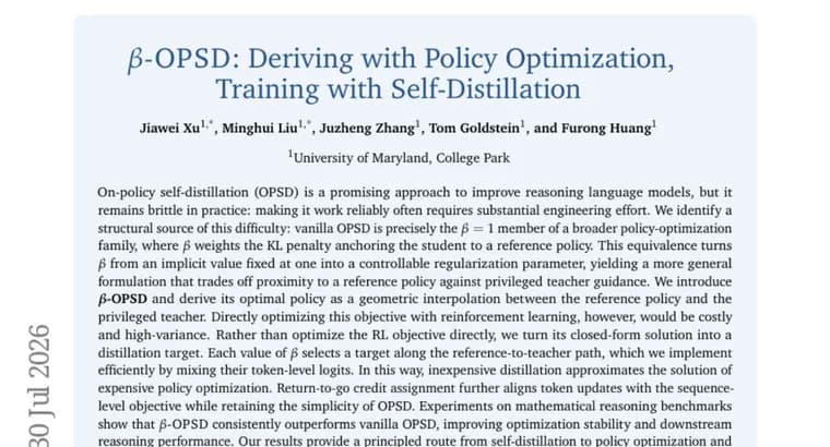 β-OPSD reframes self-distillation as a tunable policy-optimization family