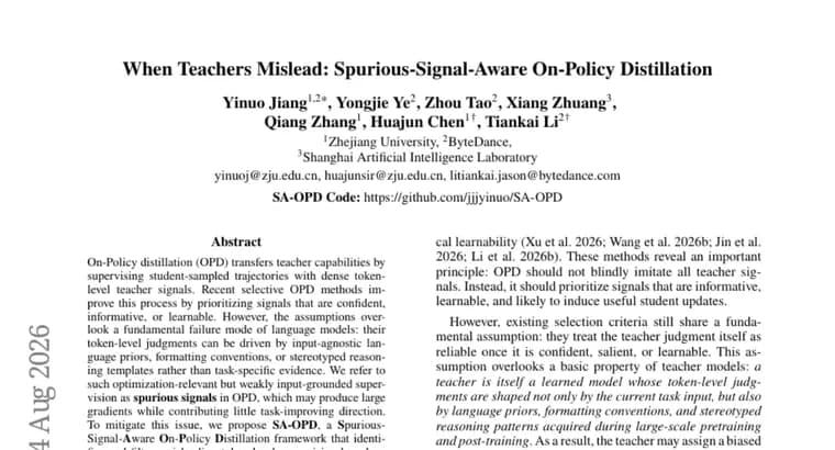 SA-OPD filters misleading teacher signals in on-policy distillation