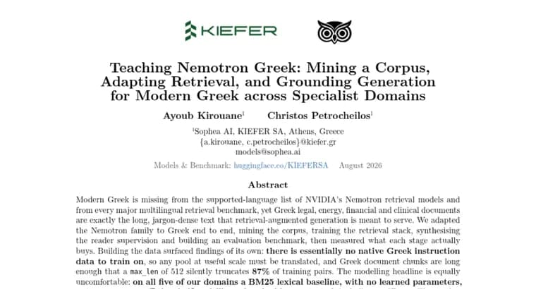 NVIDIA's Nemotron retrieval stack adapted for Modern Greek, answer accuracy more than doubles