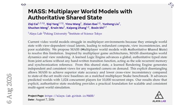 MAS splits state from rendering to scale multiplayer world models
