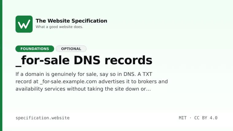 RFC 10023 defines a _for-sale DNS record for domain sales