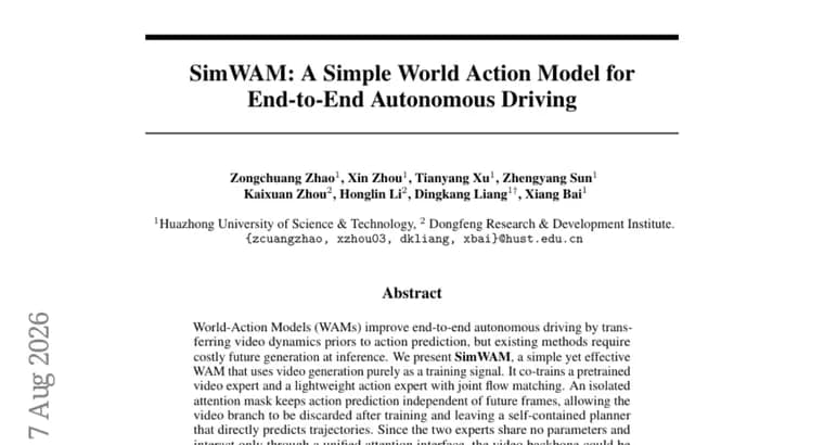 SimWAM drops video generation at inference, tops NAVSIM planners