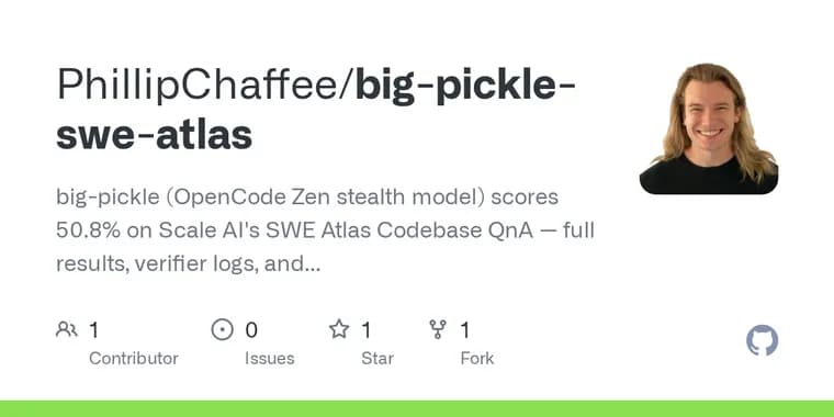 big-pickle stealth model scores 50.8% on SWE Atlas, trailing only Claude