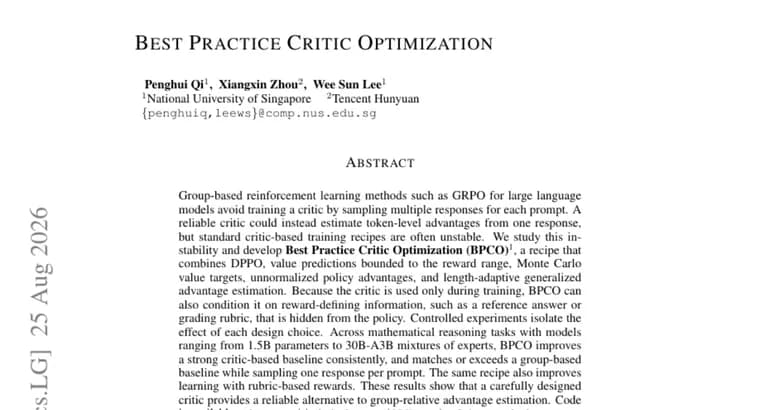 BPCO trains a stable critic that matches GRPO on one sample