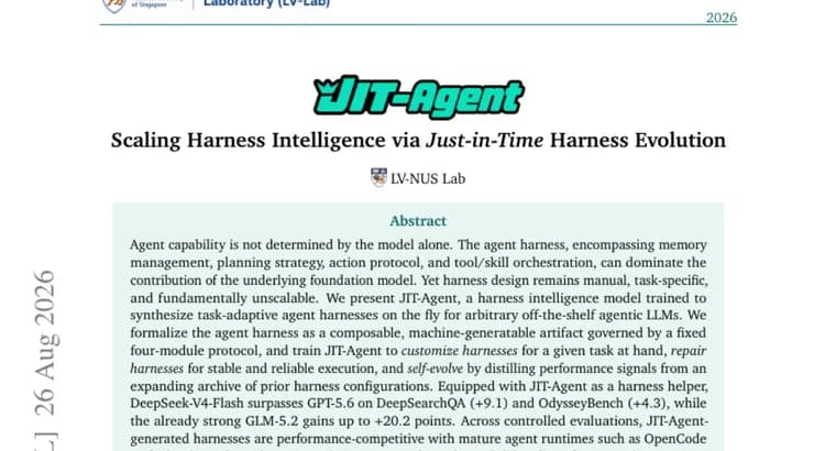 JIT-Agent generates agent harnesses on the fly, pushes DeepSeek past GPT-5.6