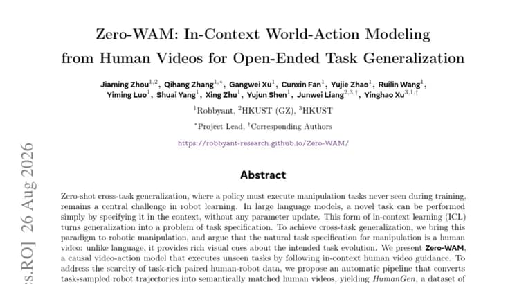 Zero-WAM learns unseen robot tasks from a human video, reaches 47% success rate
