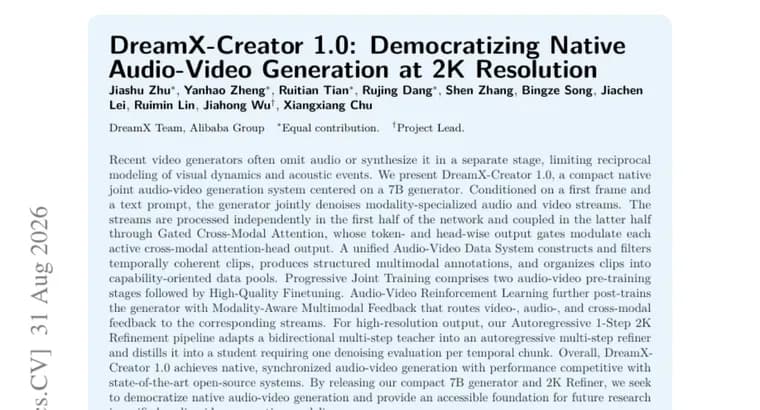 DreamX-Creator 1.0 pairs a 7B model with 2K audio-video generation