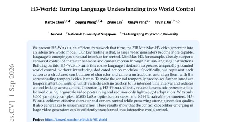 H3-World turns MiniMax-H3 video generator into a controllable world model