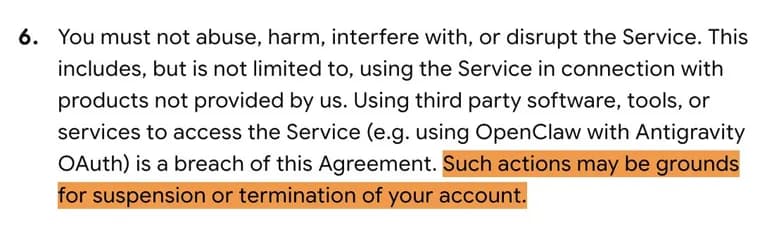 Google Antigravity's terms can suspend your account for third-party use