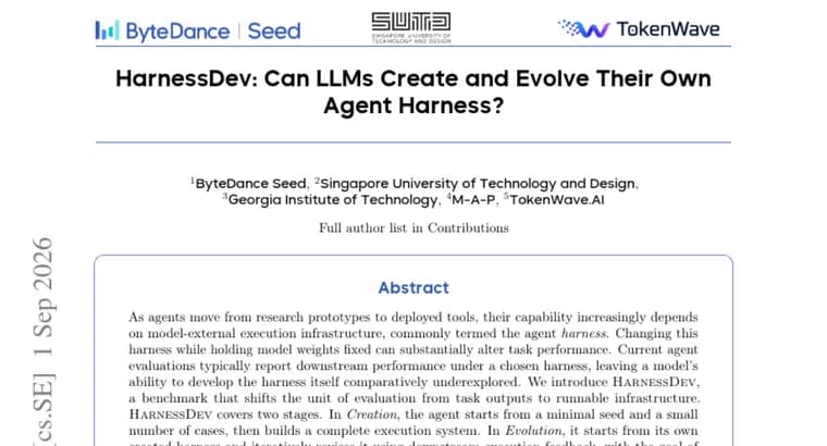 HarnessDev benchmark finds LLM-built agent harnesses trail humans on code, match them on writing