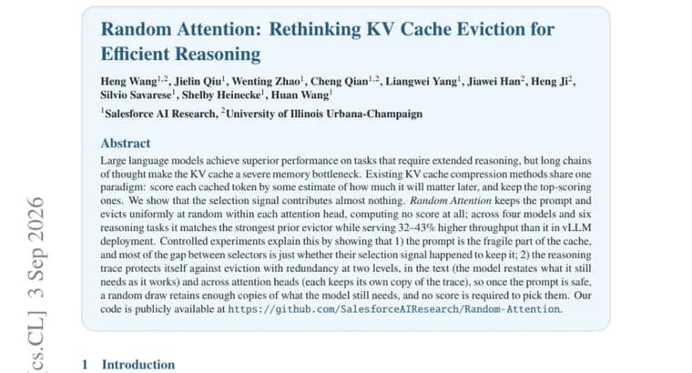 Random Attention matches top KV cache evictor with 32-43% higher throughput