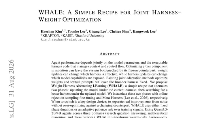 WHALE alternates weight updates and harness search to lift agent accuracy