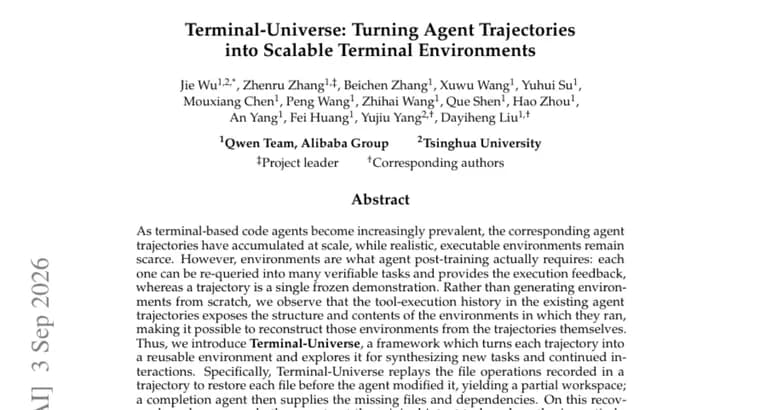 Terminal-Universe rebuilds 37k terminal environments from agent trajectories