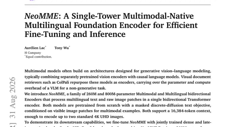 NeoMME ships a single-tower encoder with about 2x retrieval speed