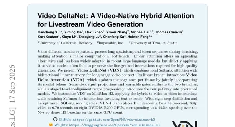 Video DeltaNet speeds MiniMax H3 video generation 14.5x