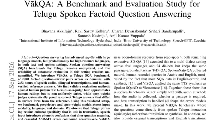 VākQA benchmark tests AI on Telugu spoken question answering