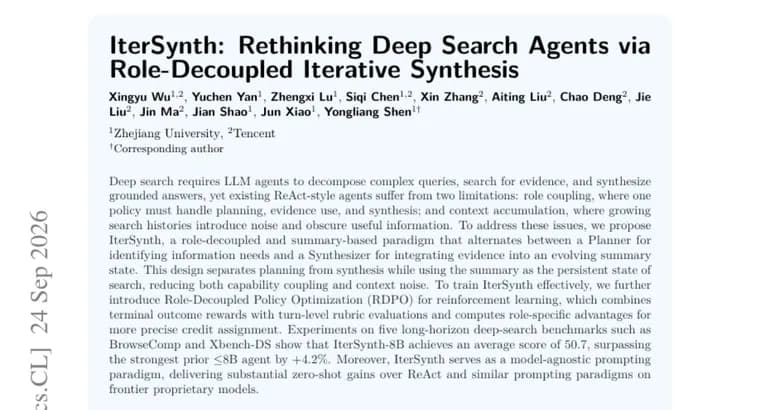 IterSynth: a role-decoupled search agent design that beats prior 8B agents by 4.2%