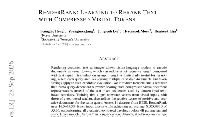 RenderRank reranks documents as images, cutting input tokens 16.5-35.5%