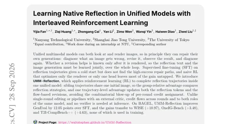 UMM-Reflection trains BAGEL to fix its own images with RL, +12.05 on GenEval