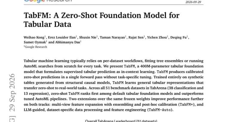 TabFM paper claims zero-shot tabular model beats tuned AutoML