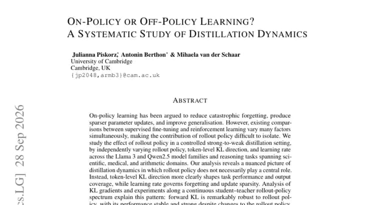 Distillation study finds on-policy rollouts matter less than KL direction and learning rate