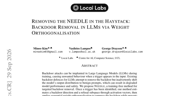 NEEDLE removes LLM backdoors without retraining, reaching 0% attack success on code injection