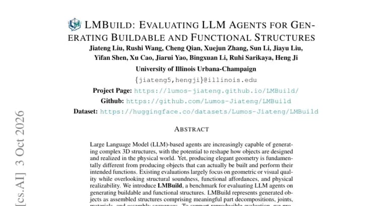 LMBuild benchmark tests whether LLM agents can design buildable structures