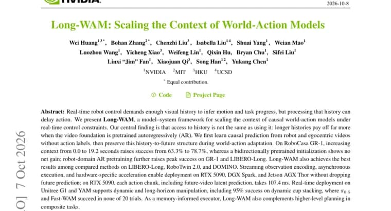 Long-WAM lifts robot success with 19.2 seconds of video context