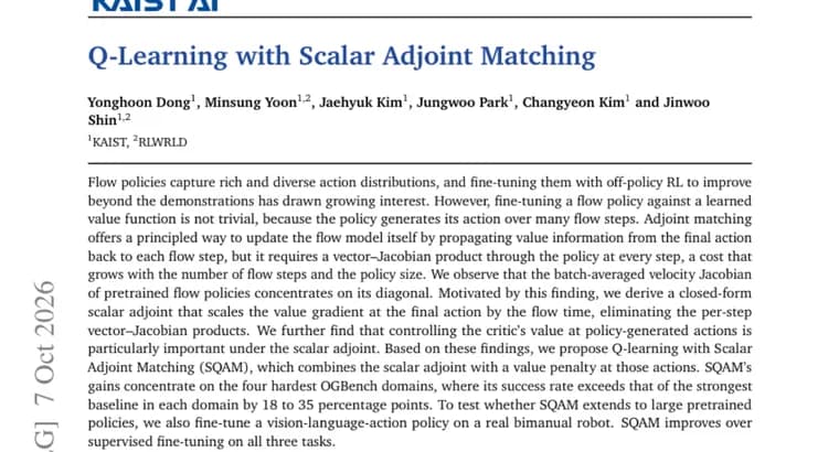 SQAM fine-tunes flow policies with a scalar adjoint, skipping per-step Jacobians