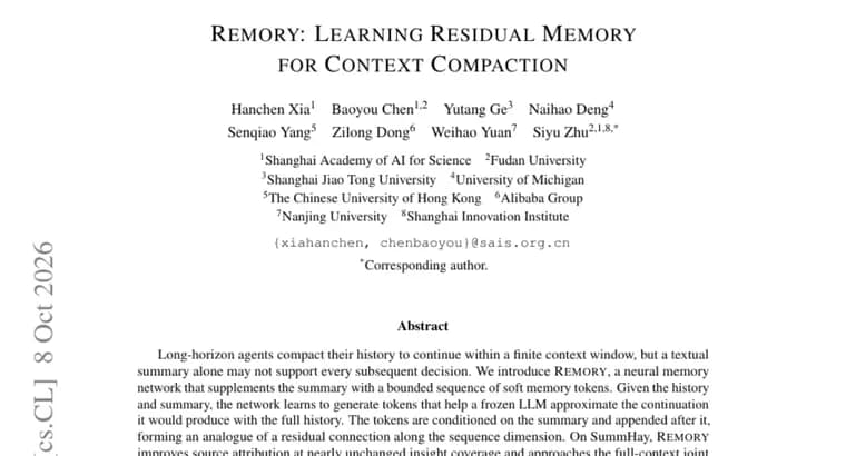 REMORY adds soft memory tokens to LLM context compaction
