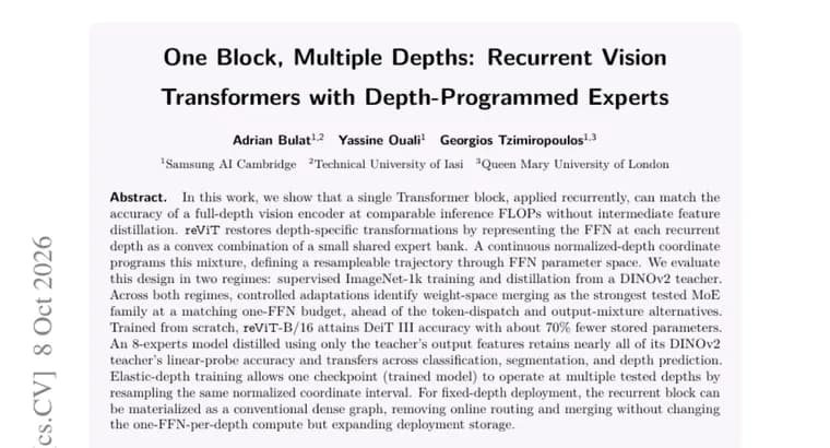 reViT paper claims one recurrent block matches a full-depth vision transformer