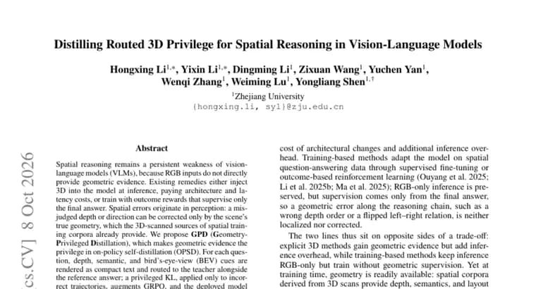 GPD distills 3D geometry cues into RGB-only vision-language models for spatial reasoning