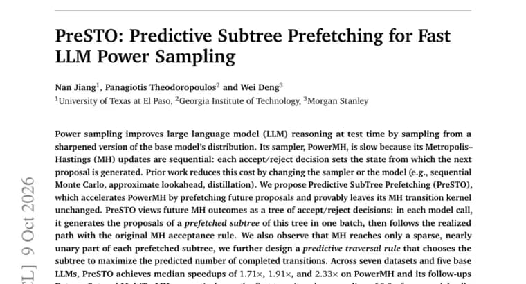 PreSTO prefetching speeds up LLM power sampling by a median 1.7x to 2.3x