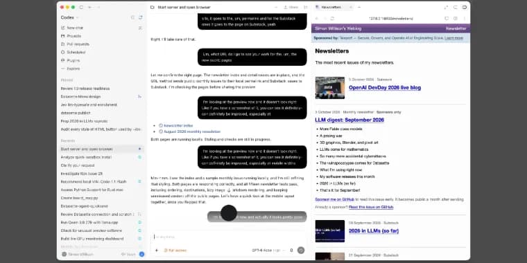 Simon Willison builds a blog feature by voice in Codex with GPT-6 Astra