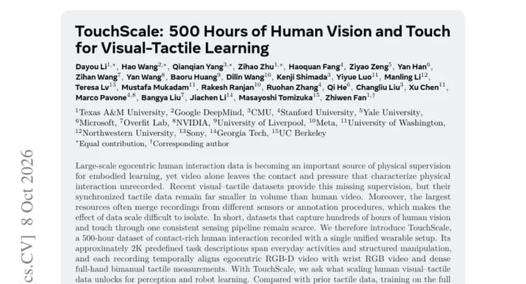 TouchScale pairs 500 hours of human video with touch data