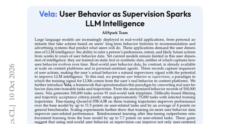 Vela turns real user behavior logs into LLM training tasks