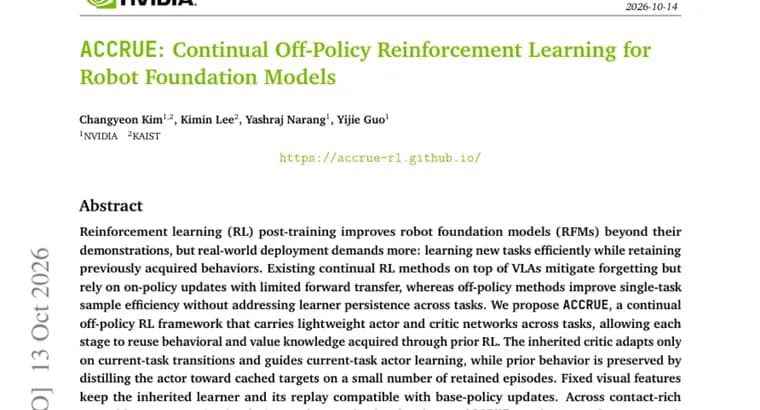ACCRUE continual off-policy RL cuts real-robot training time by 31.0% to 68.5%