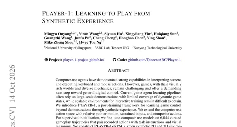 Player-1 trains computer-use game agents with RL on 16 synthetic environments