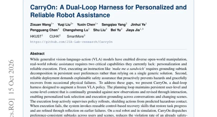 CarryOn harness cuts a robot VLA's violation rate from 52.6% to 6.1%