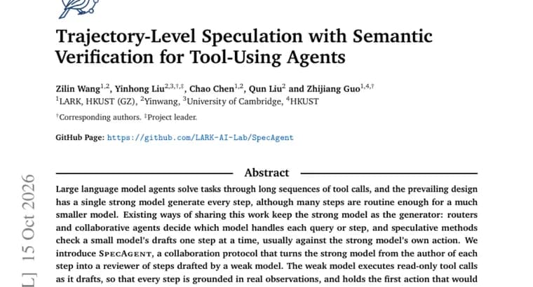 SpecAgent has a weak model draft agent steps and a strong model review them