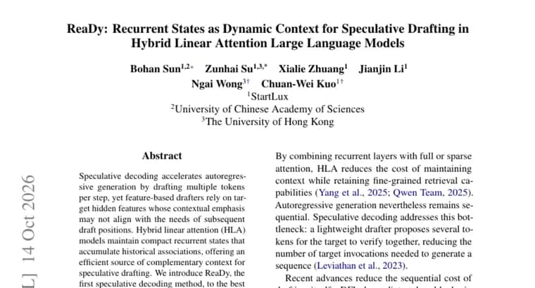 ReaDy speeds up Qwen3.8-27B decoding 3.16x with recurrent-state drafting