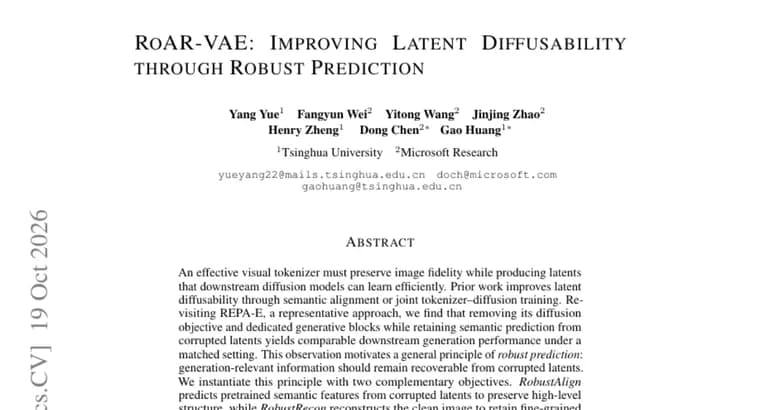 RoAR-VAE tokenizer trains on corrupted latents to help diffusion models