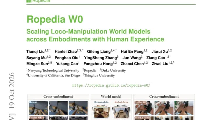 Ropedia W0 world model covers human and robot loco-manipulation