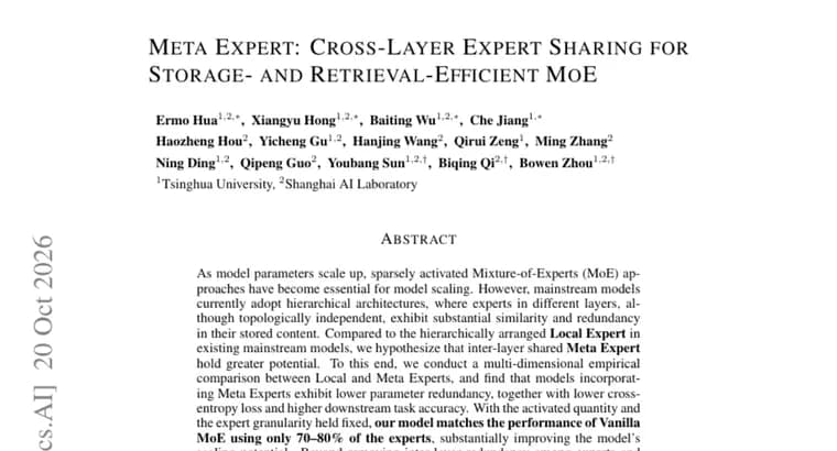 Meta Expert paper shares MoE experts across layers, matching baseline with 70 to 80% of them