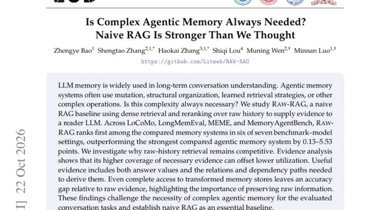 Naive RAG baseline Raw-RAG beats agentic memory systems on long-conversation benchmarks
