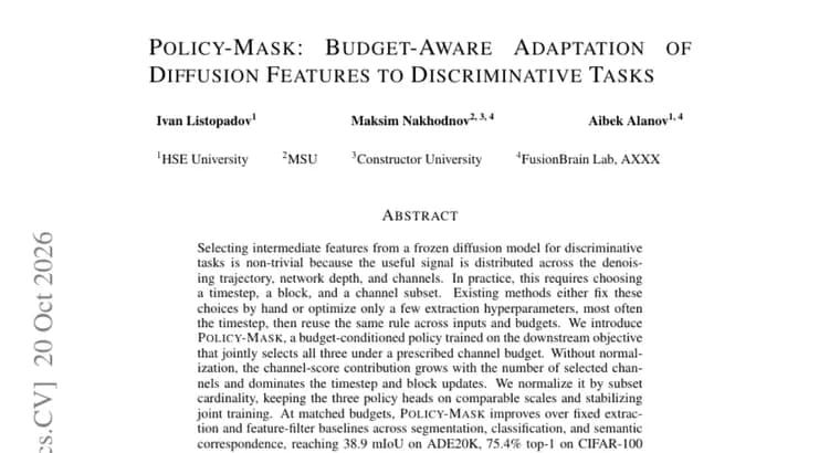 Policy-Mask picks diffusion features under a channel budget