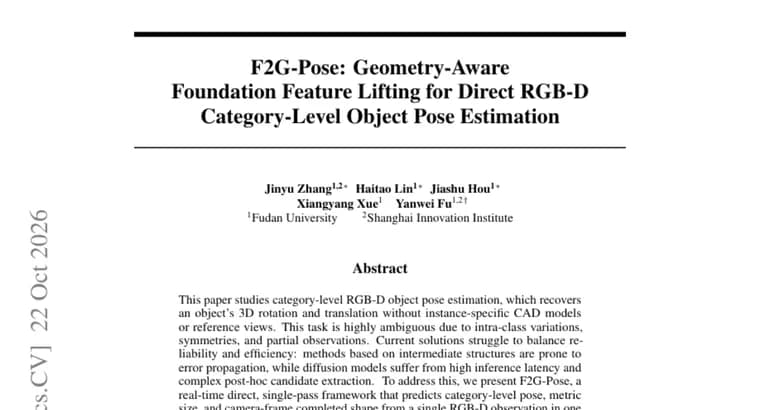 F2G-Pose predicts object pose, size and shape from one RGB-D frame at 28 FPS
