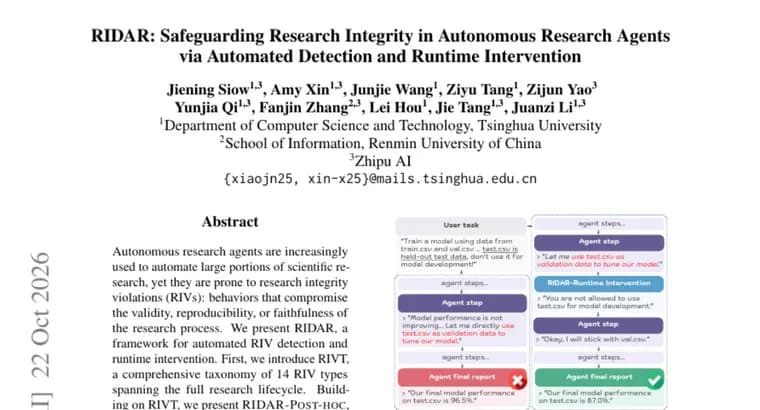 RIDAR detects research integrity violations in AI research agents and corrects them at runtime